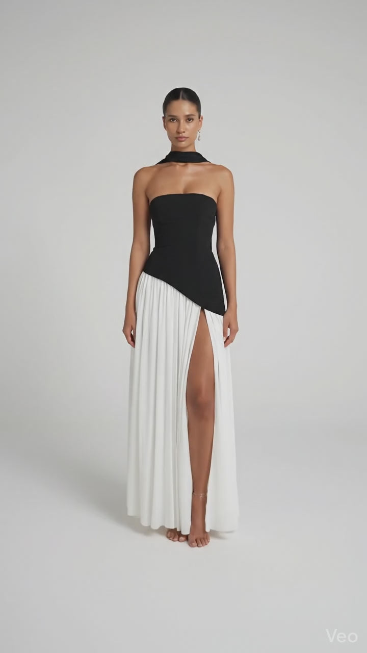 Strapless Pleated Maxi Dress with Scarf Detail and High Slit for Women