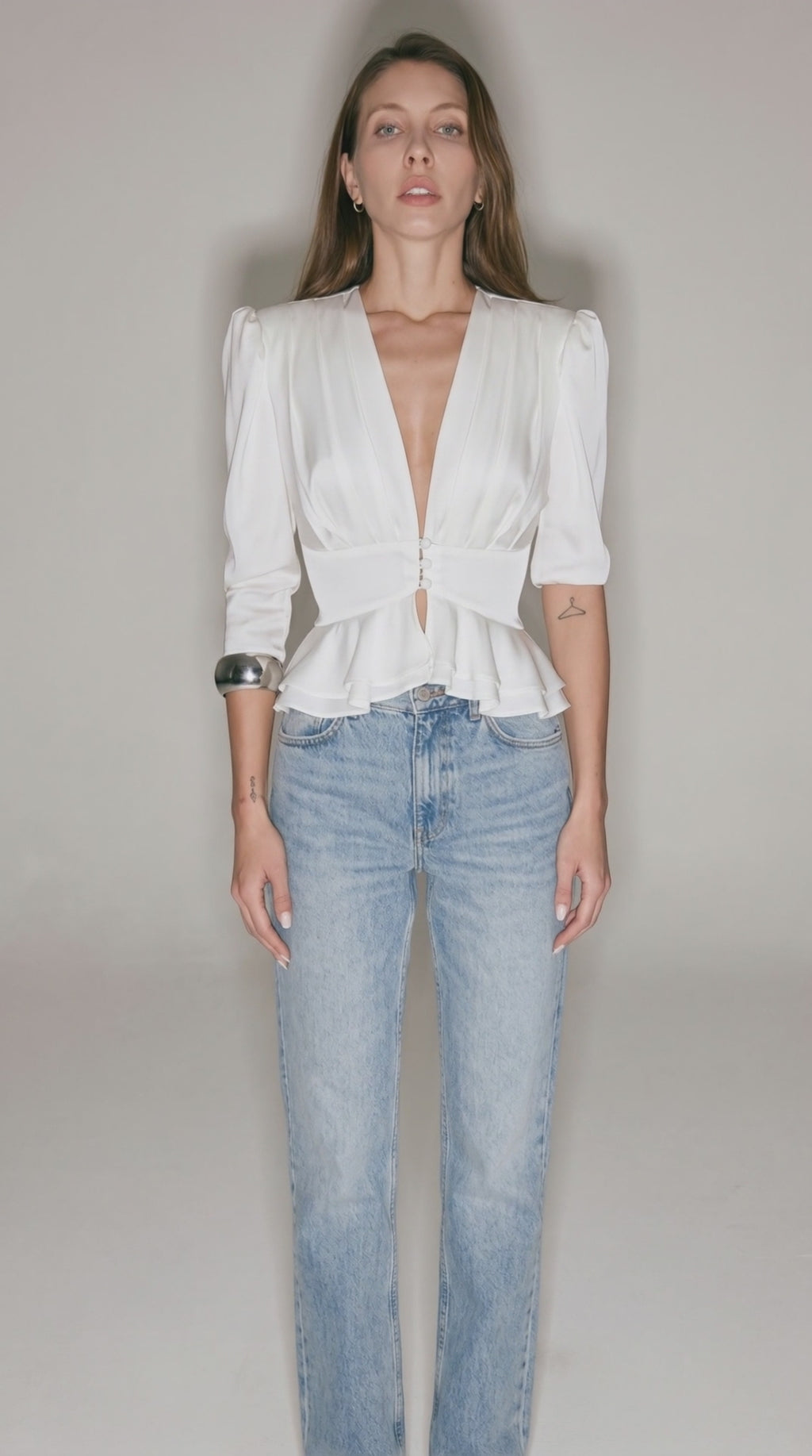 Women’s Satin Peplum Blouse - Deep V Neck Puff Sleeve Waist Cinching Top