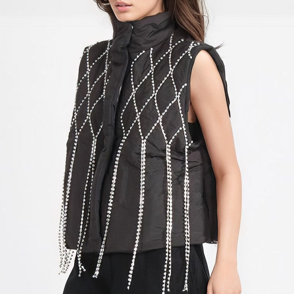 LACEY PUFF VEST PLAID CRYSTALS TASSEL