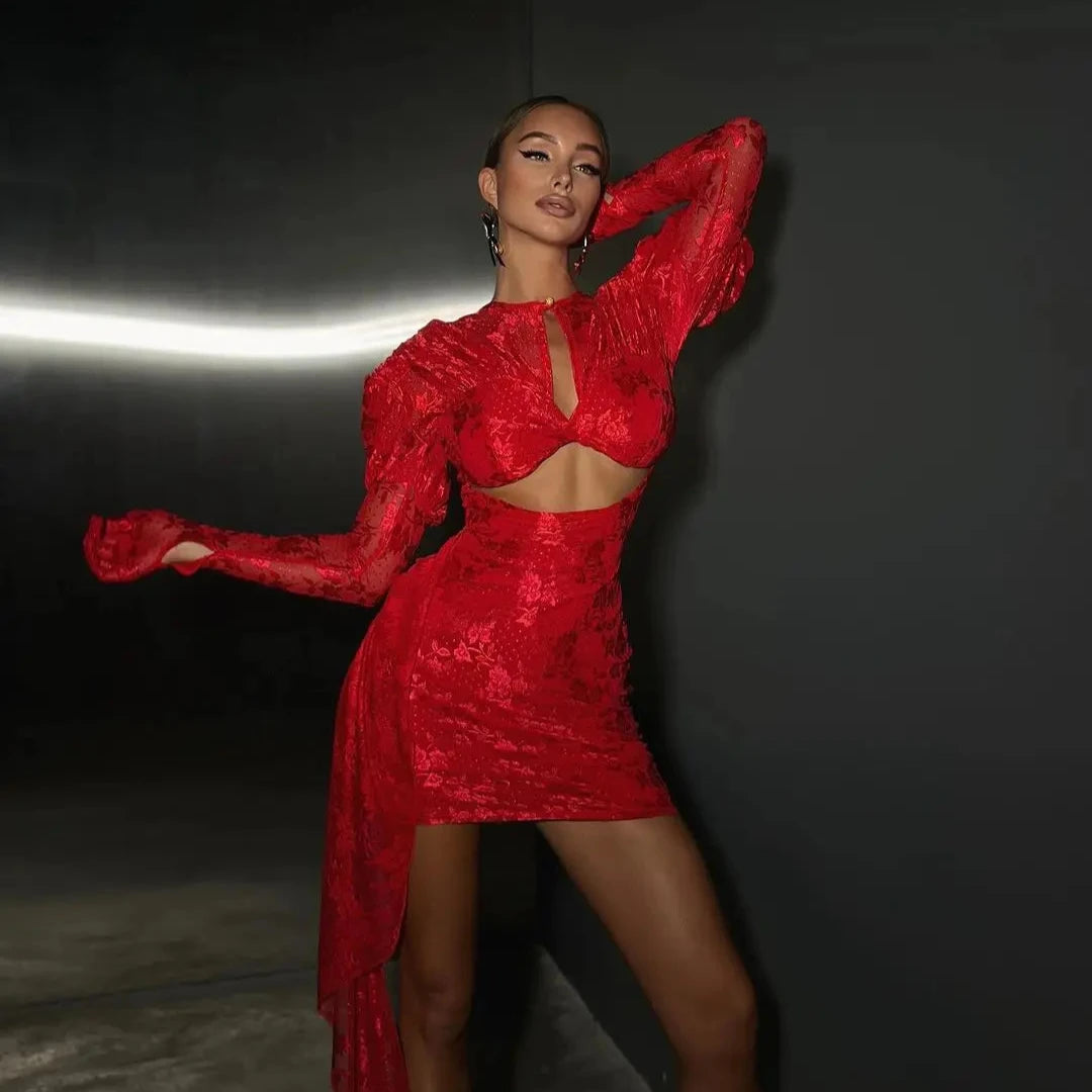 red-mini-dress-puff-sleeves-cutout-gloves-asymmetric-drape-glamorous