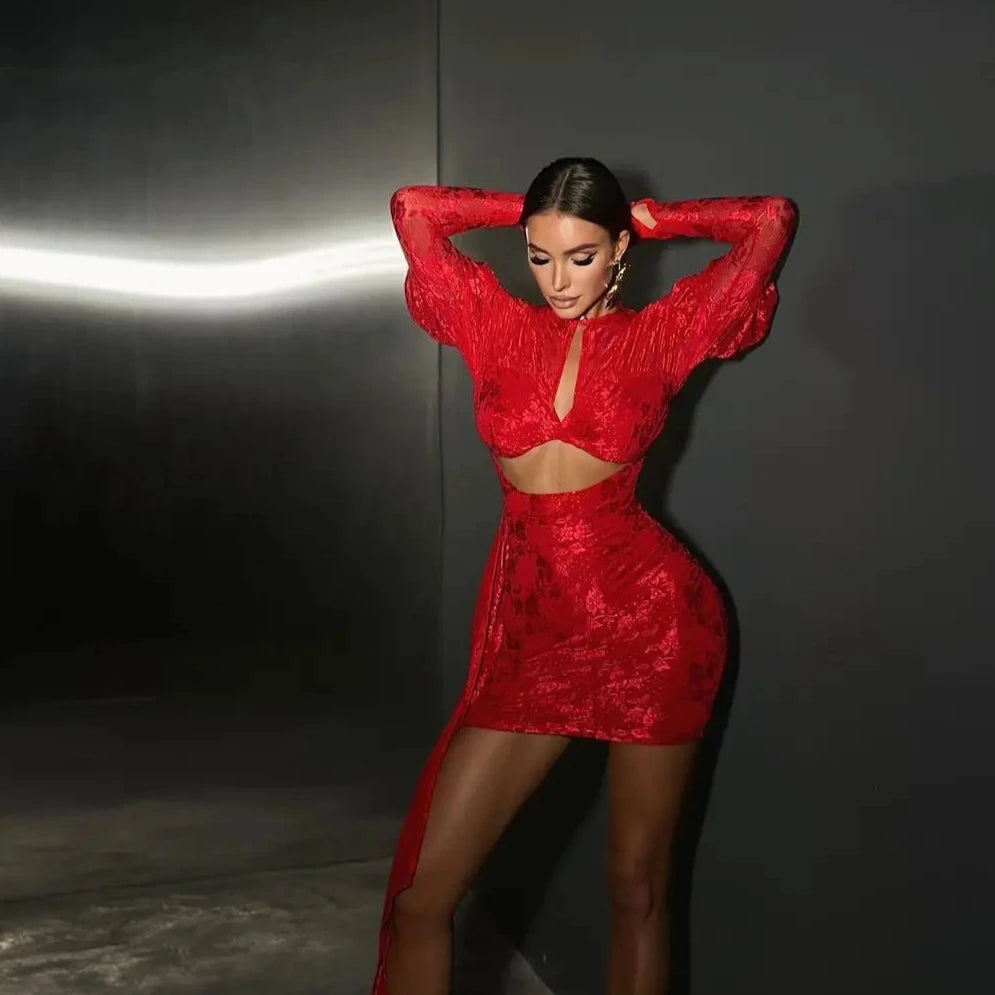 CUT OUT LACE MINI DRESS with GLOVES and SIDE TRAIN