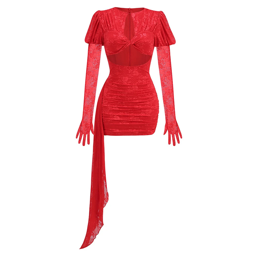 CUT OUT LACE MINI DRESS with GLOVES and SIDE TRAIN