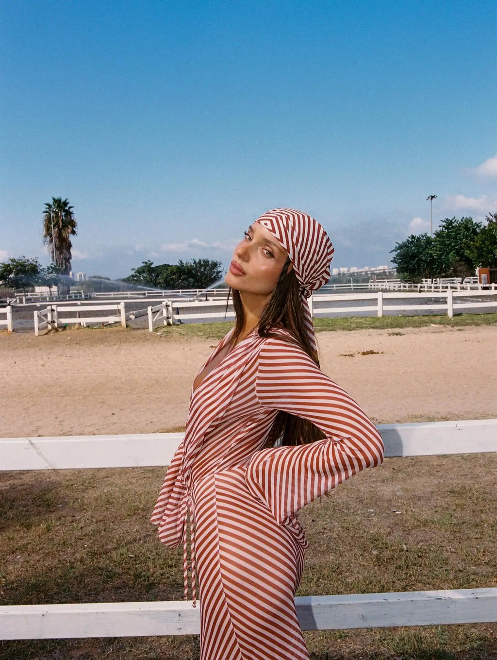 Red White Striped Chiffon Beach Dress Long Sleeve Backless Bikini Cover Up Maxi Dress