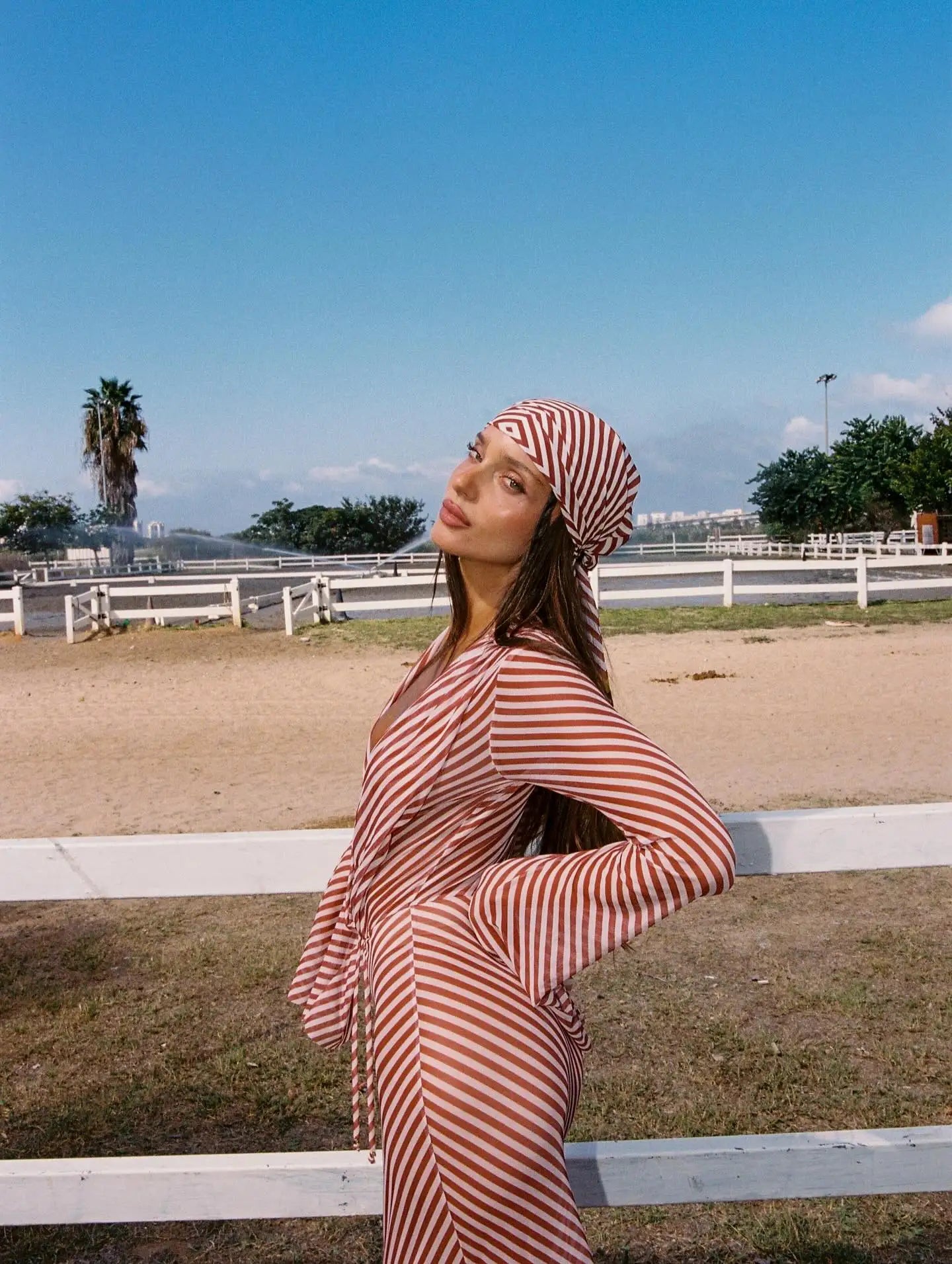Red White Striped Chiffon Beach Dress Long Sleeve Backless Bikini Cover Up Maxi Dress
