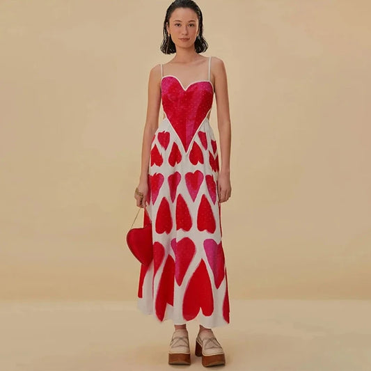 HEART PRINT V Neck SLING DRESS