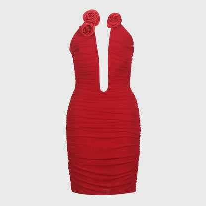 KEYNAMY RED MINI DRESS DEEP NECK LINE with ROSES