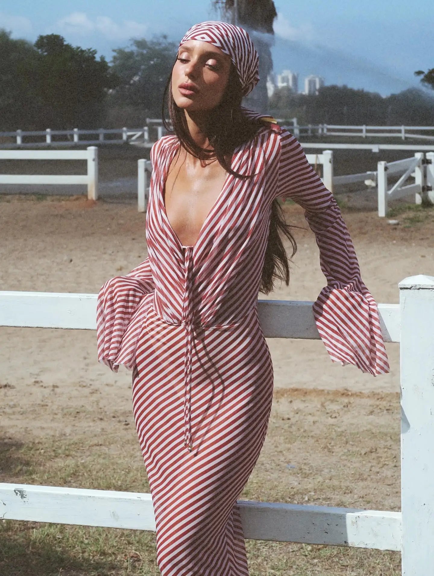 Red White Striped Chiffon Beach Dress Long Sleeve Backless Bikini Cove – CTRL N U I T