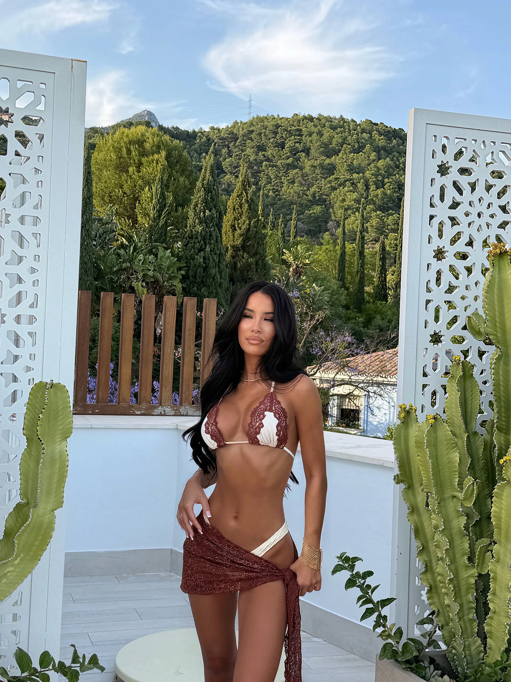 Lace Trim Triangle Bikini Set with Sarong Cover Up
