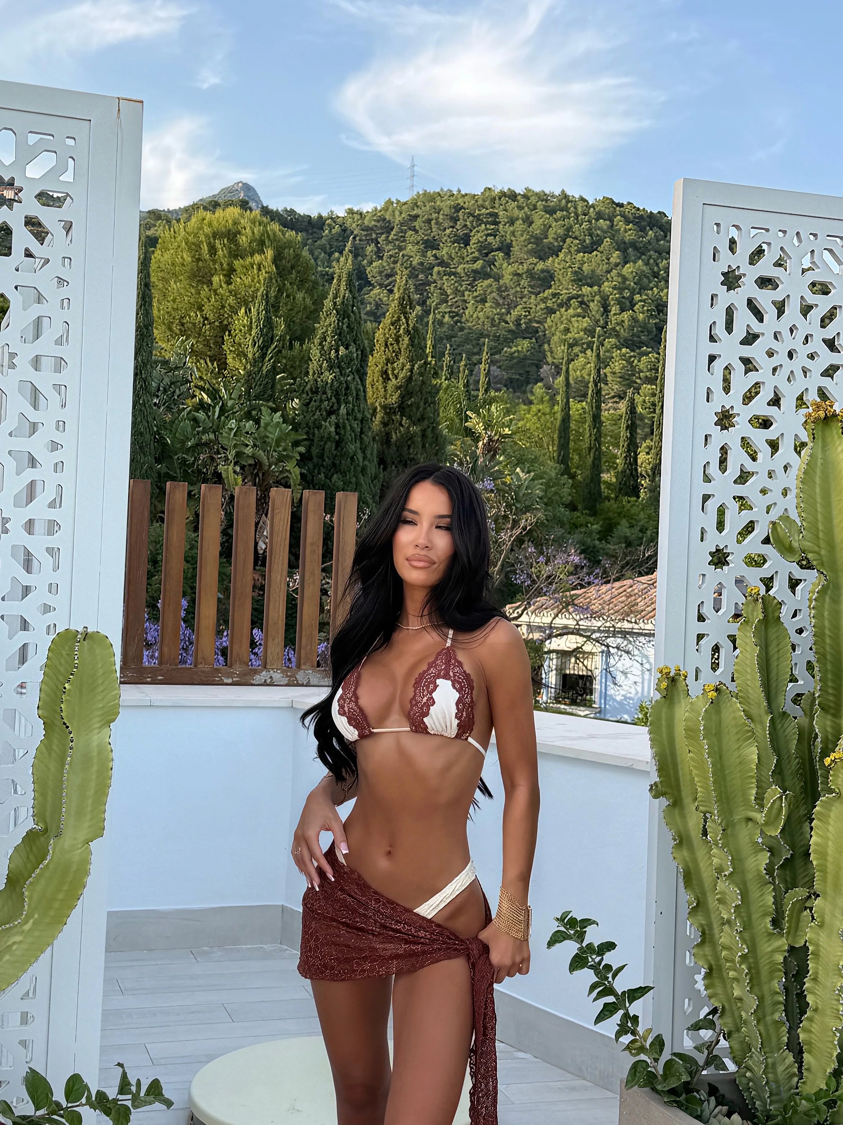 Lace Trim Triangle Bikini Set with Sarong Cover Up