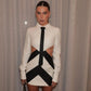 ESCONDA PATCHWORK BLACK and WHITE MINI DRESS with TIE and SHIRTS COLLAR