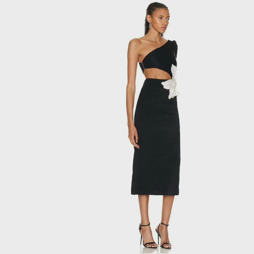 BLACK ONE SHOULDER MIDI DRESS with FLOWER ON THE SIDE