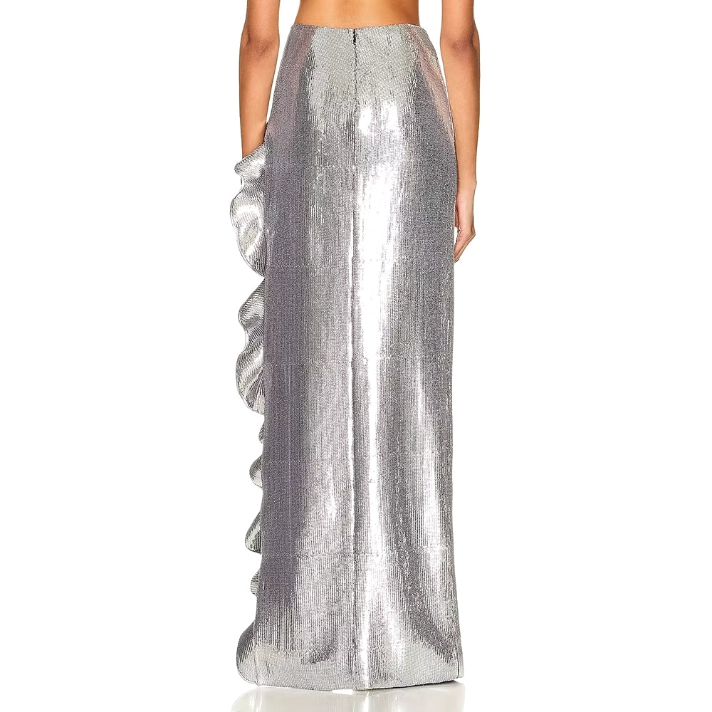 SILVER SEQUINS 2 PIECE SET SHORT TOP and MAXI SKIRT with RUFFLED SIDE SLIT