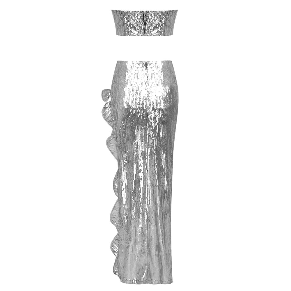 SILVER SEQUINS 2 PIECE SET SHORT TOP and MAXI SKIRT with RUFFLED SIDE SLIT