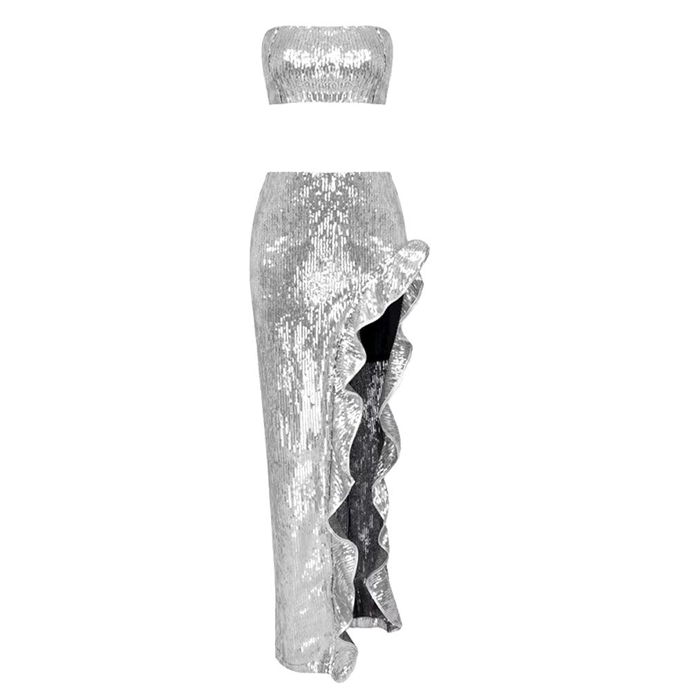 SILVER SEQUINS 2 PIECE SET SHORT TOP and MAXI SKIRT with RUFFLED SIDE SLIT