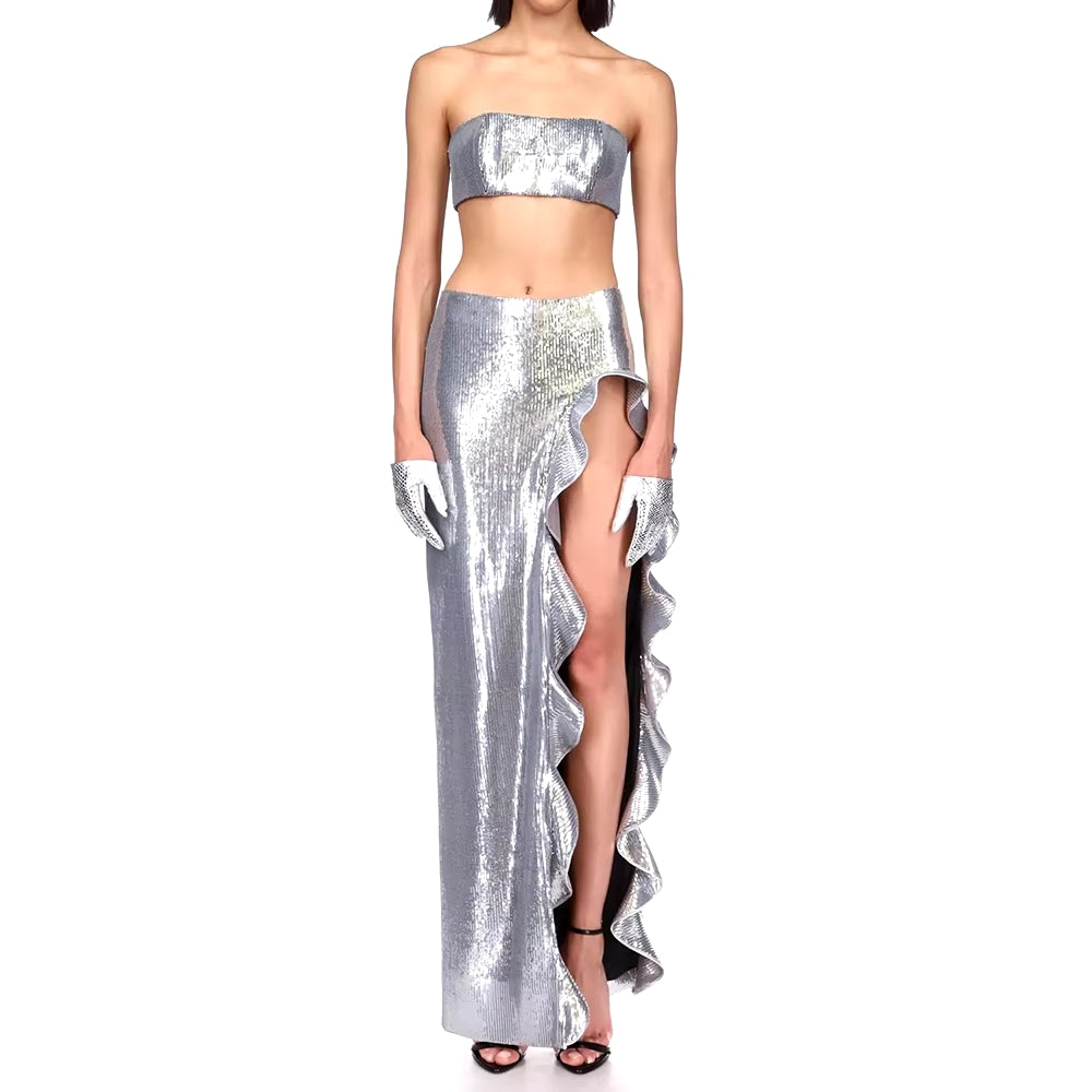 SILVER SEQUINS 2 PIECE SET SHORT TOP and MAXI SKIRT with RUFFLED SIDE SLIT