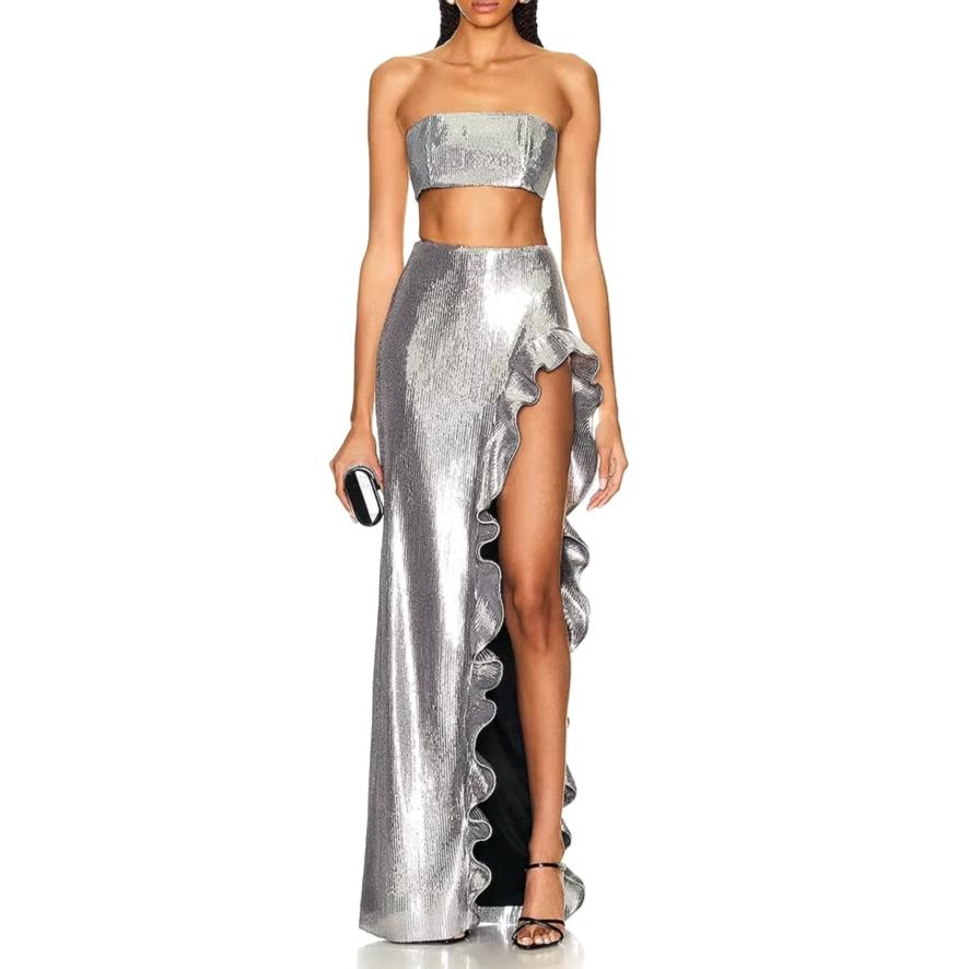 SILVER SEQUINS 2 PIECE SET SHORT TOP and MAXI SKIRT with RUFFLED SIDE SLIT