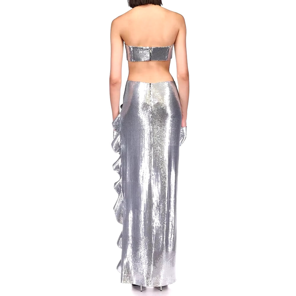 SILVER SEQUINS 2 PIECE SET SHORT TOP and MAXI SKIRT with RUFFLED SIDE SLIT