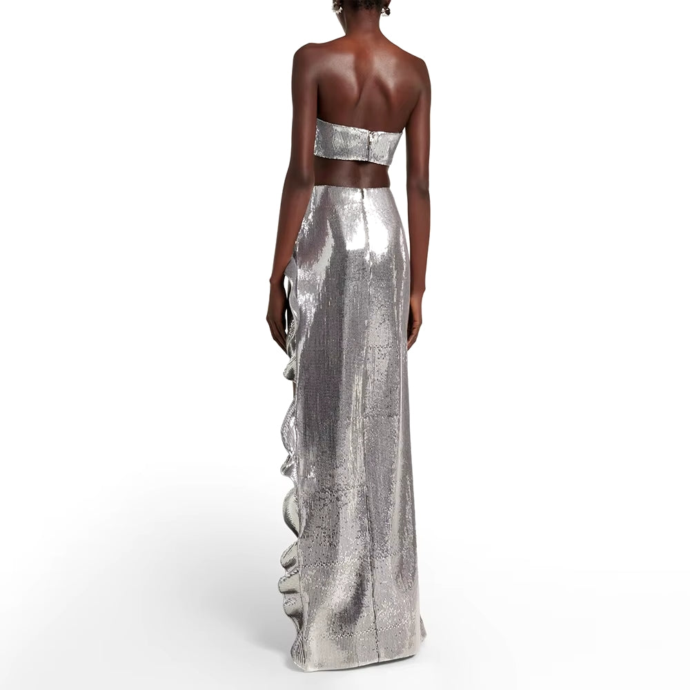 SILVER SEQUINS 2 PIECE SET SHORT TOP and MAXI SKIRT with RUFFLED SIDE SLIT