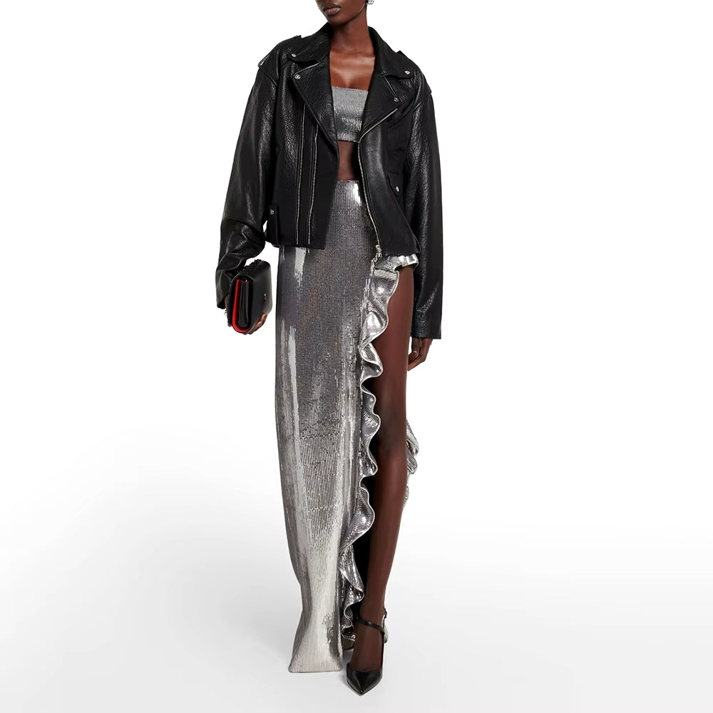 SILVER SEQUINS 2 PIECE SET SHORT TOP and MAXI SKIRT with RUFFLED SIDE SLIT