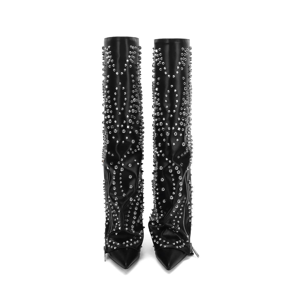 Studded Rhinestone Pointed-Toe Knee-High Boots