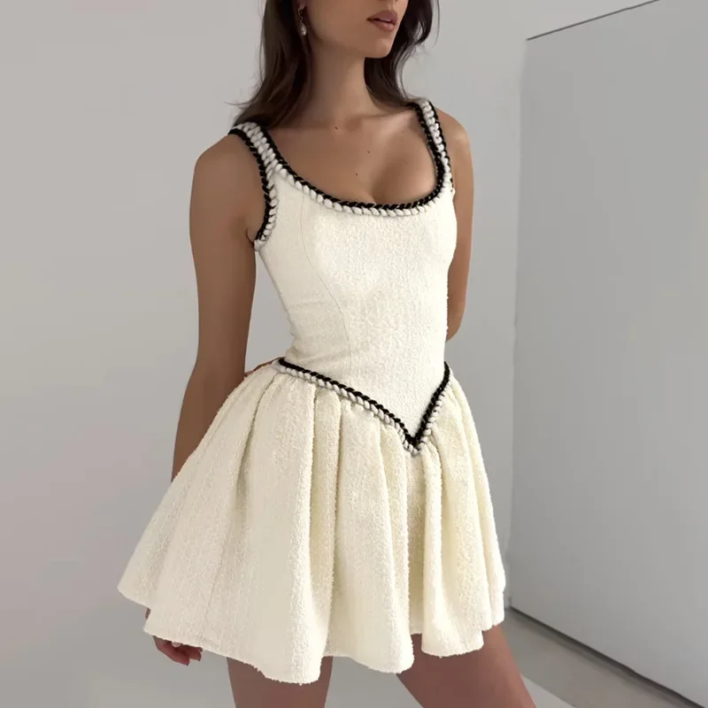 PATCHWORK WHITE MINI DRESS RUFFLES SQUARE COLLAR