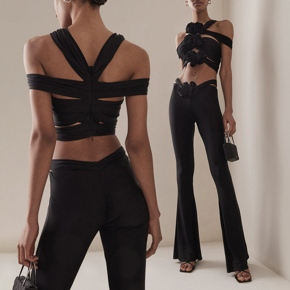 LOWDY BLACK FLOER BOWS TOP and FLARED TROUSERS 2 PIECE SET