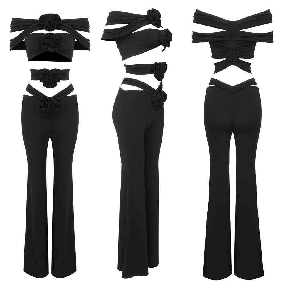 LOWDY BLACK FLOER BOWS TOP and FLARED TROUSERS 2 PIECE SET