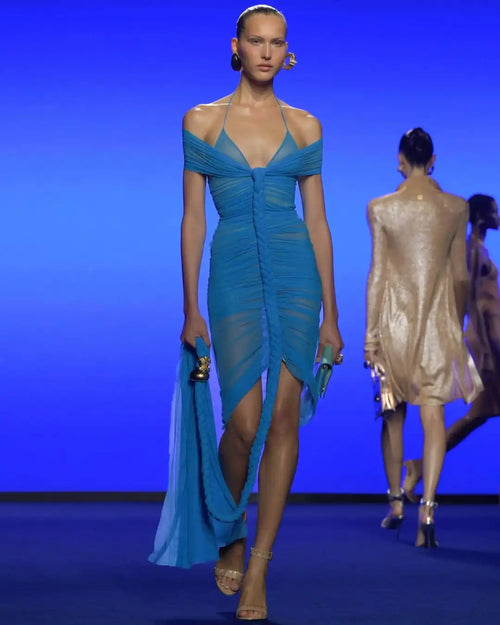 turquoise-blue-ruched-mesh-off-shoulder-midi-dress-front