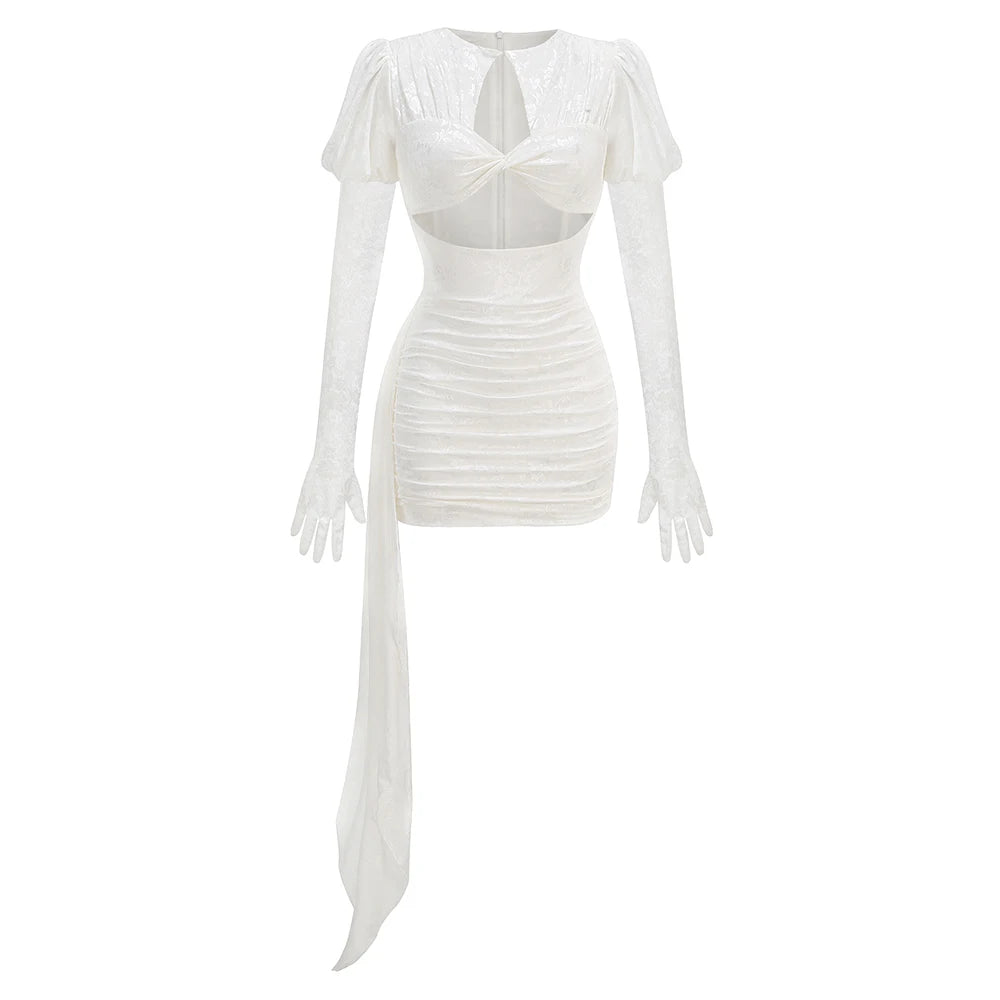 CUT OUT LACE MINI DRESS with GLOVES and SIDE TRAIN