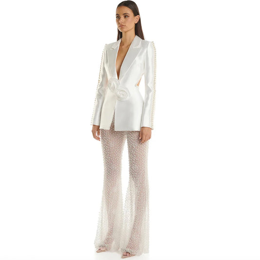HOLLOW OUT FLOWERS APPLIQUES PEARLS BEADED BLAZER GAUZE PANTS