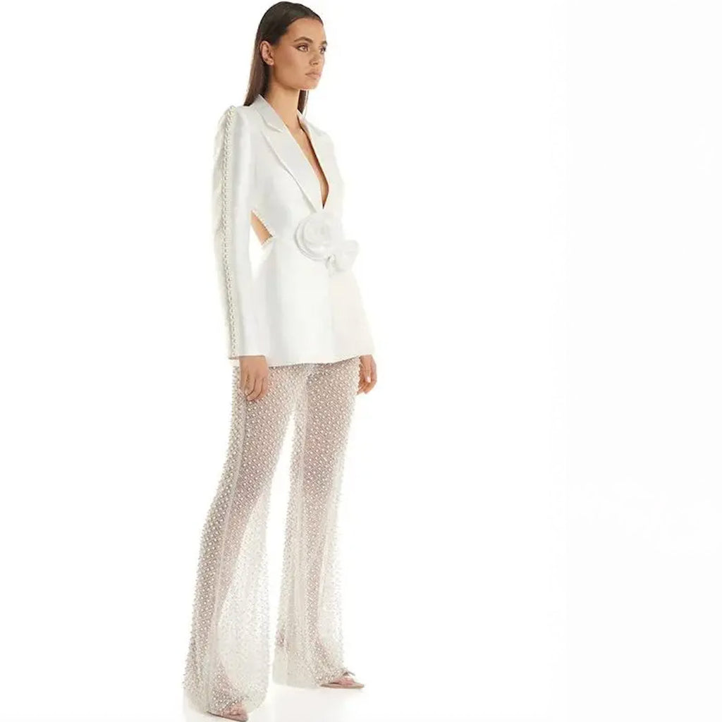 HOLLOW OUT FLOWERS APPLIQUES PEARLS BEADED BLAZER GAUZE PANTS