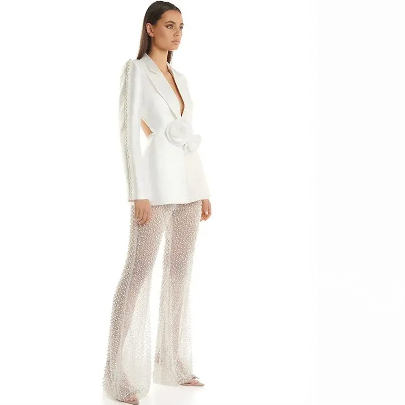HOLLOW OUT FLOWERS APPLIQUES PEARLS BEADED BLAZER GAUZE PANTS