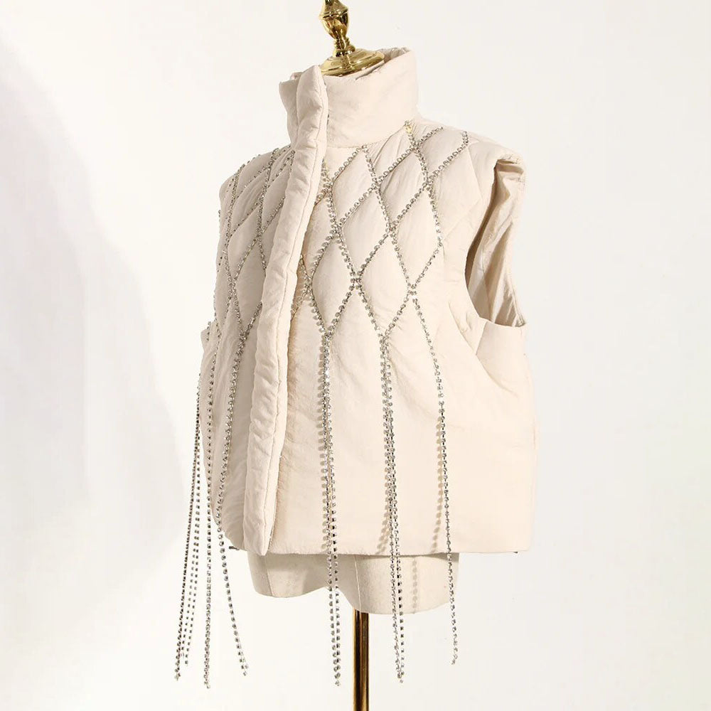 LACEY PUFF VEST PLAID CRYSTALS TASSEL