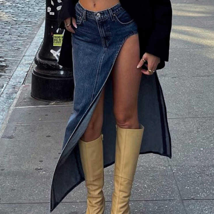 EMERIE LOW WAIST SIDE SLIT DENIM MAXI SKIRT
