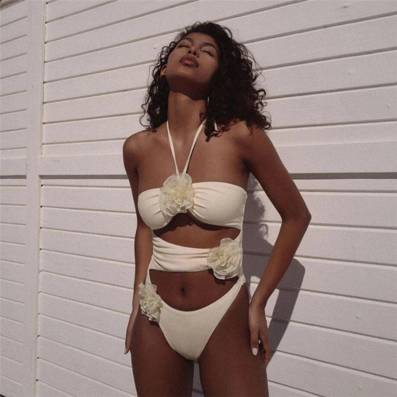 AUDREY FLOWER BOWS CUT OUT SWIMSUIT