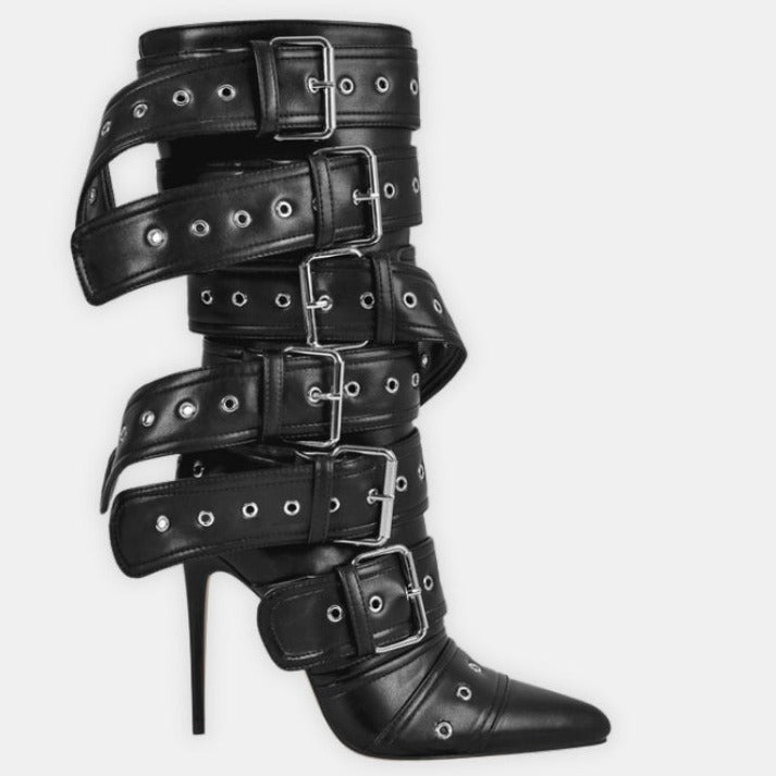 POINTED HEELED BOOTS decorated with BELTS
