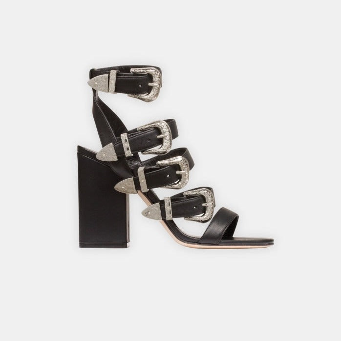 BLACK SANDALS WIDE HEEL METAL BELTS decorated