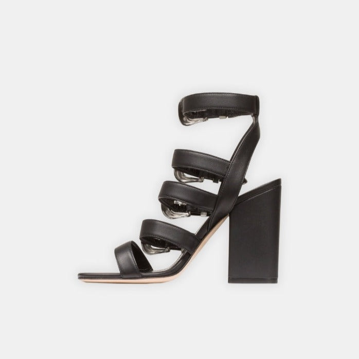 BLACK SANDALS WIDE HEEL METAL BELTS decorated
