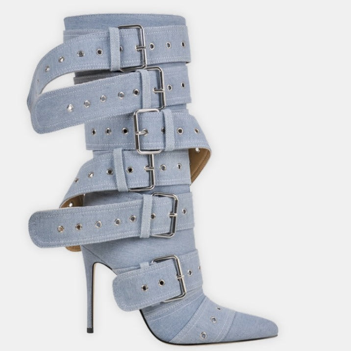POINTED HEELED BOOTS decorated with BELTS