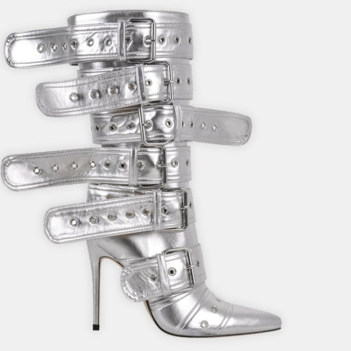 POINTED HEELED BOOTS decorated with BELTS
