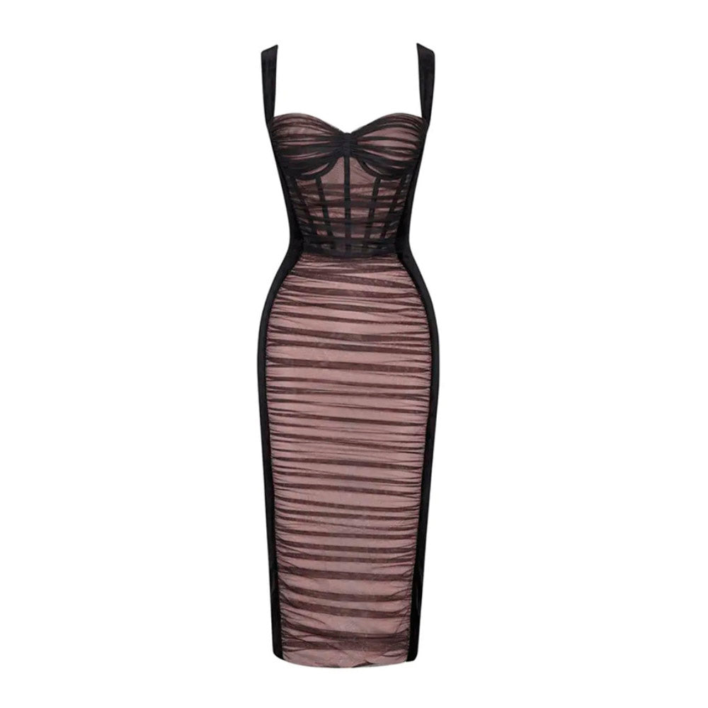 HOLLAND PLEATED CORSET BODYCON MIDI DRESS