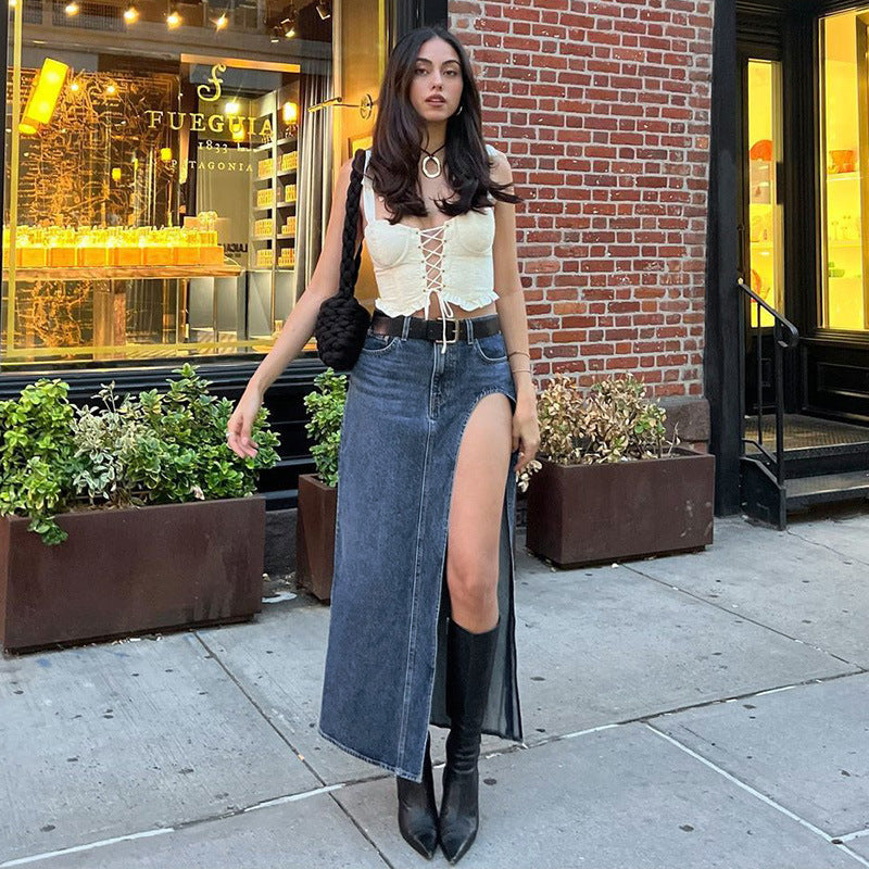 EMERIE LOW WAIST SIDE SLIT DENIM MAXI SKIRT