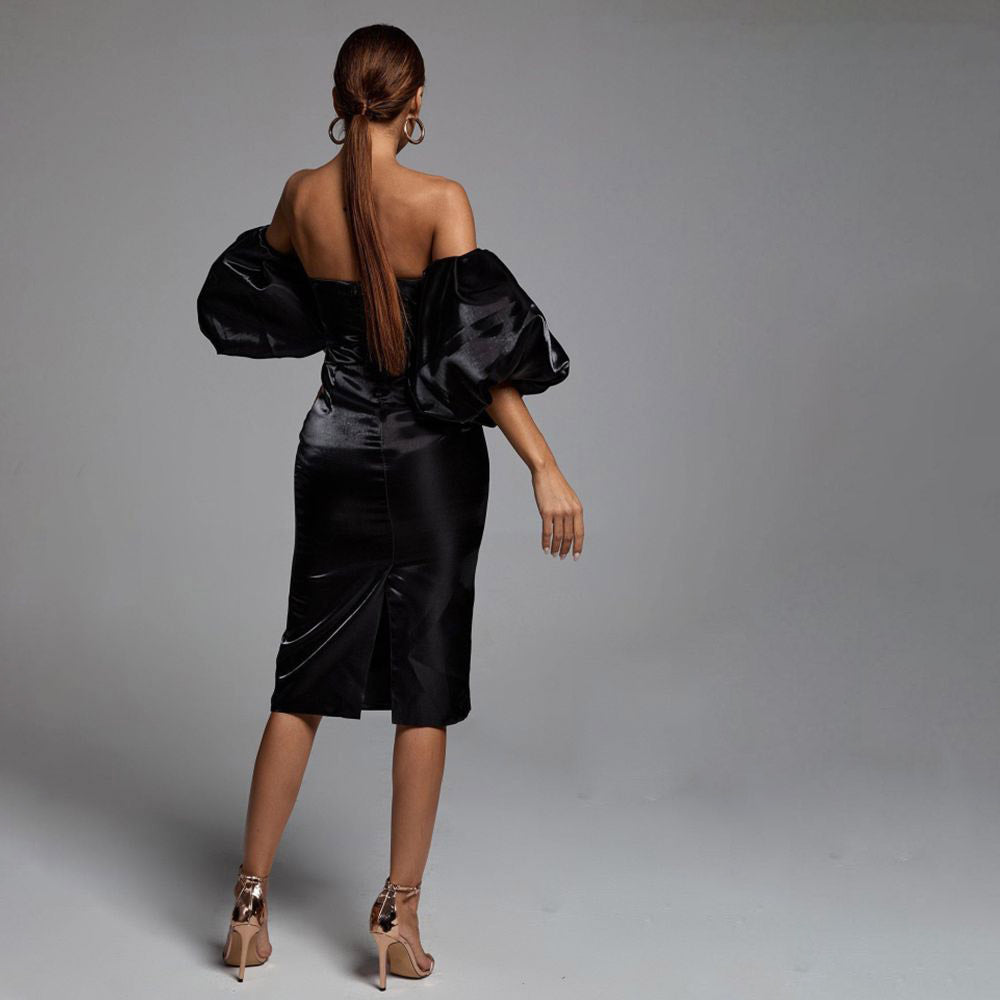 ELLIANNA PUFF SLEEVE SATIN MIDI DRESS