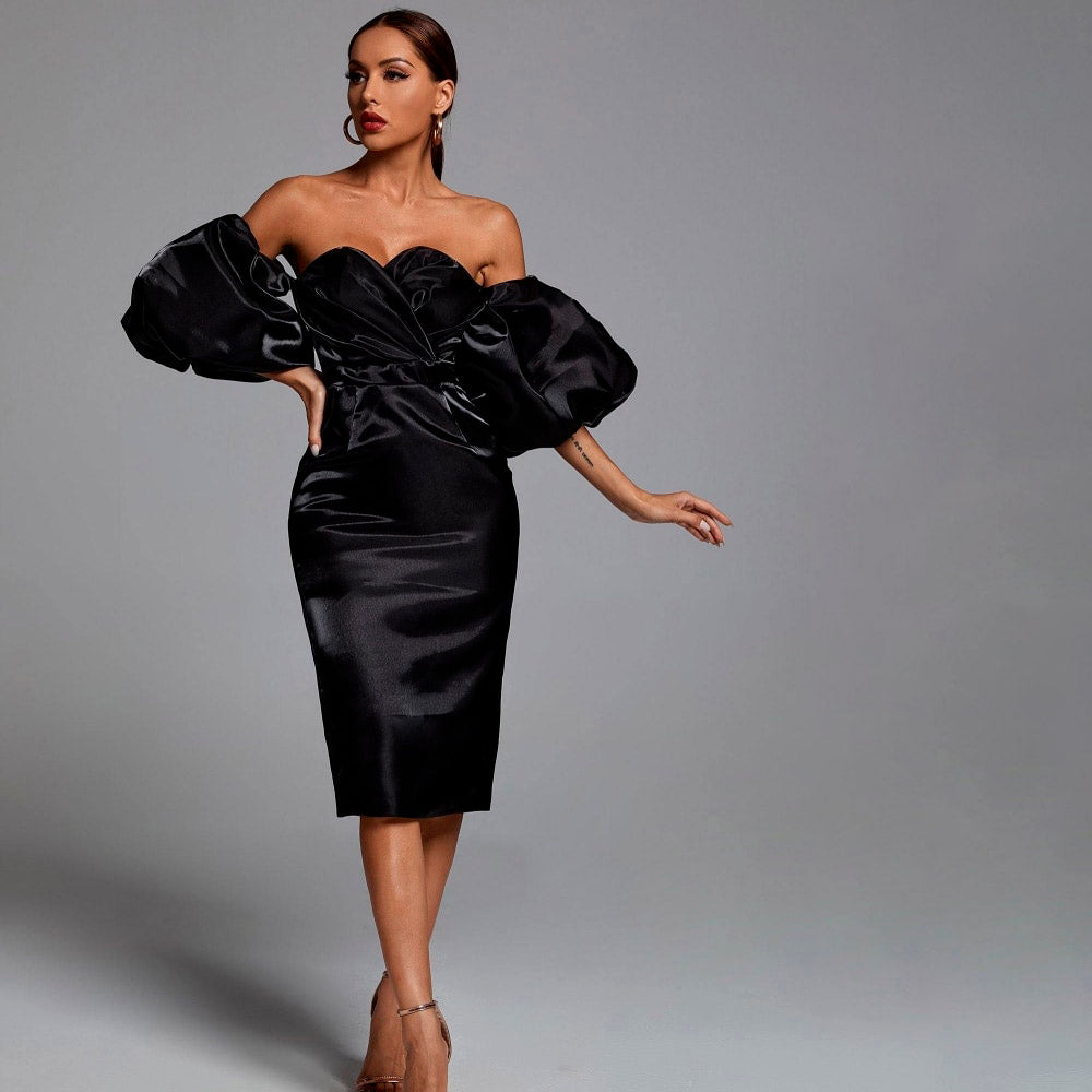 ELLIANNA PUFF SLEEVE SATIN MIDI DRESS