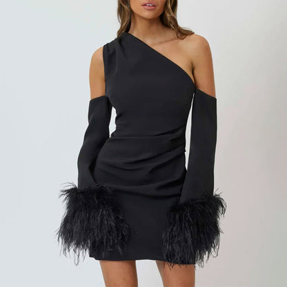 ALONDRA FEATHERS SLEEVE ONE SHOULDER MINI DRESS