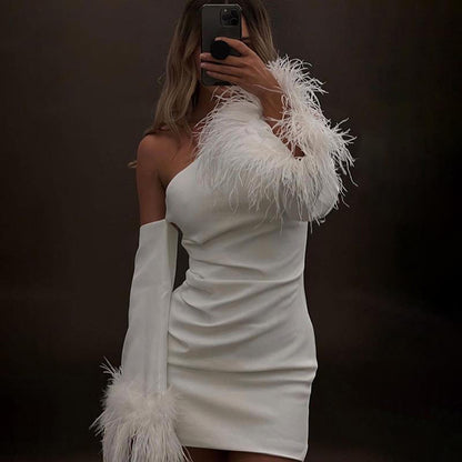 ALONDRA FEATHERS SLEEVE ONE SHOULDER MINI DRESS