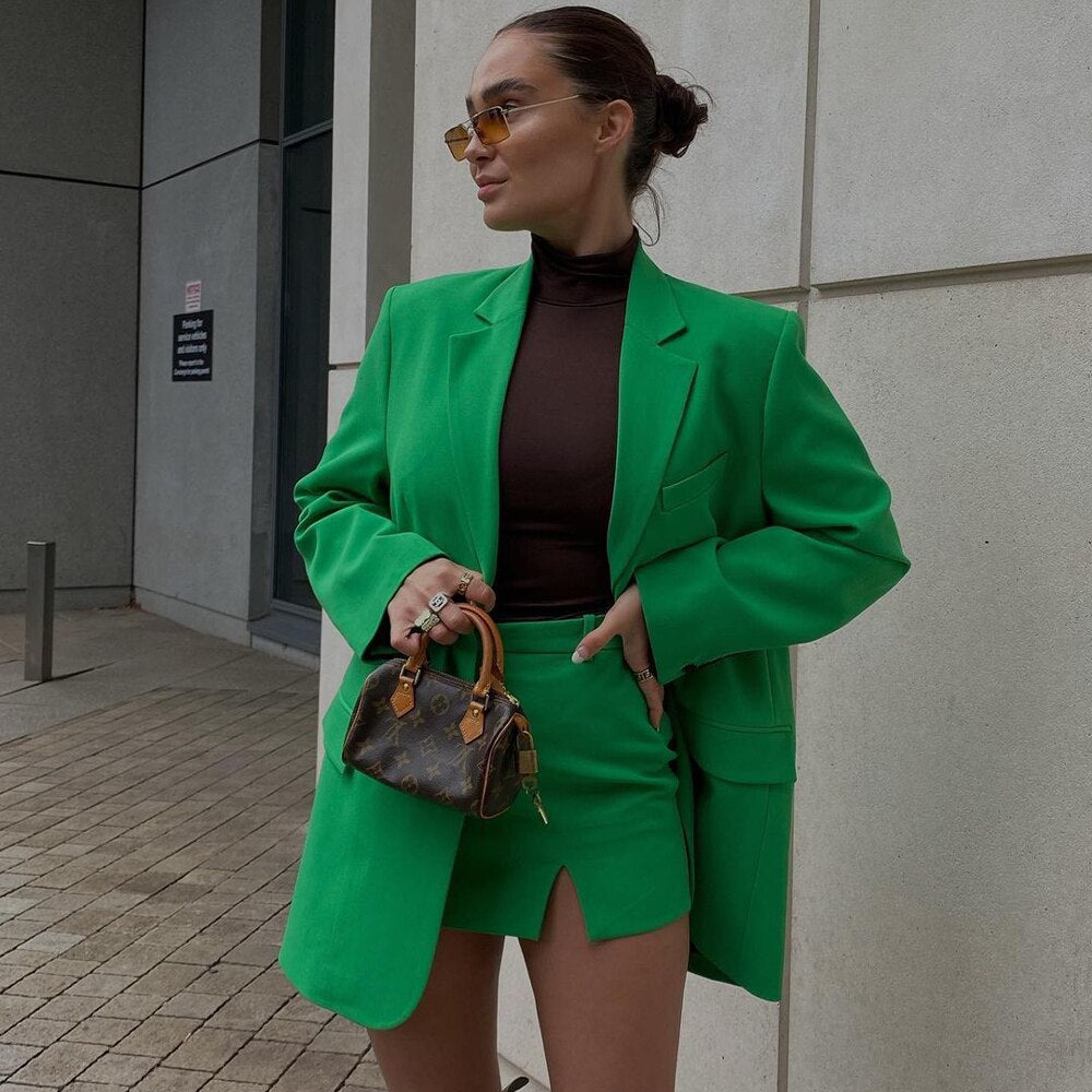 RYAN GREEN BLAZER and MINI SKIRT SUIT