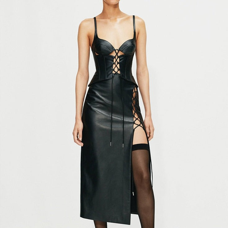 JANIYAH LACE UP PU LEATHER TOP and SKIRT
