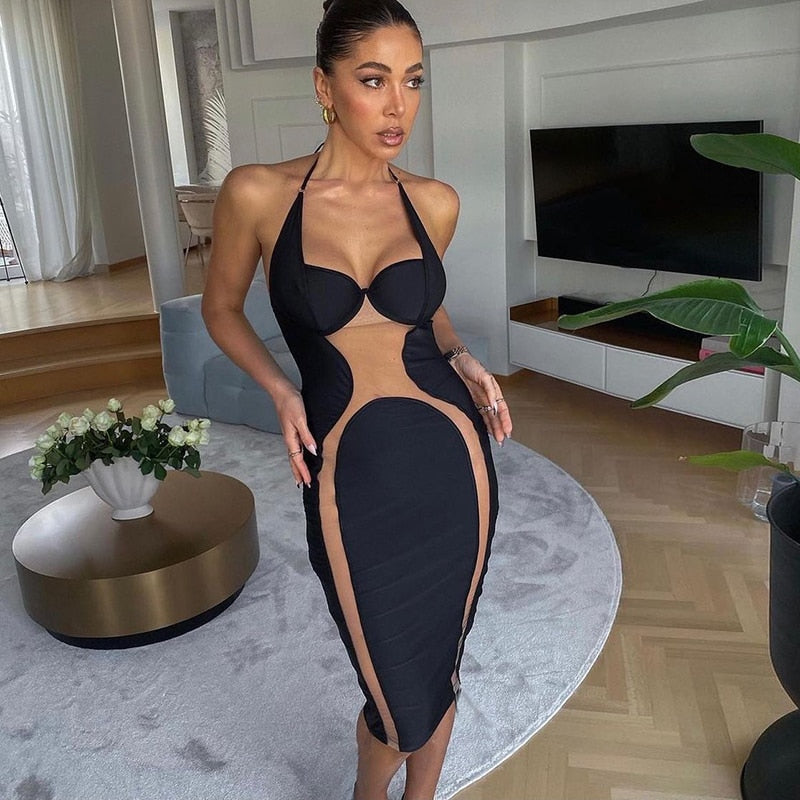 LILIAN SLEEVELESS MESH MIDI DRESS