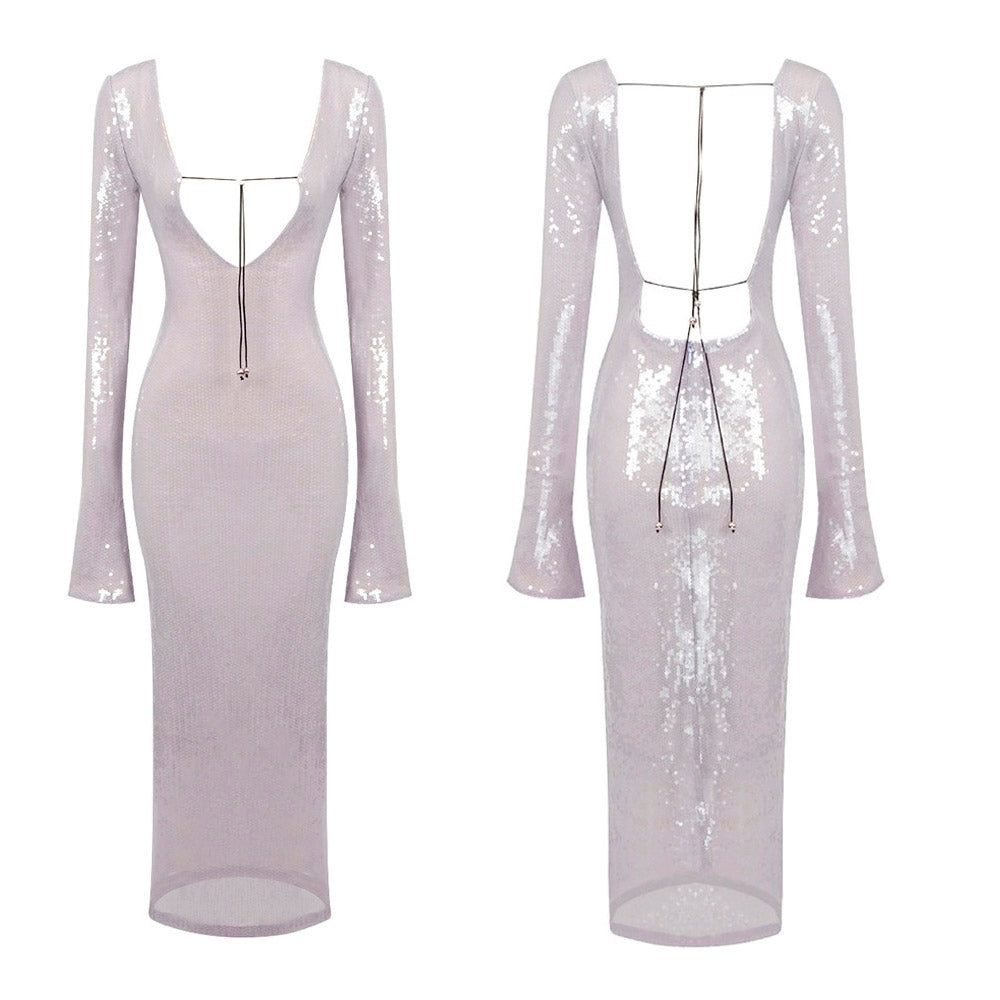 HAILEY LONG SLEEVE SEQUINS BACKLESS MIDI DRESS